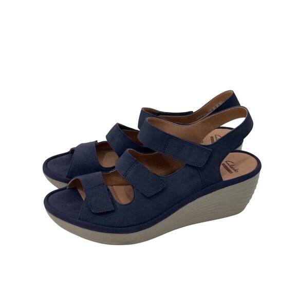 Clarks Navy Blue Nubuck Adjustable Strap Wedge Sandals Women Size 9.5M Comfort - Picture 1 of 14